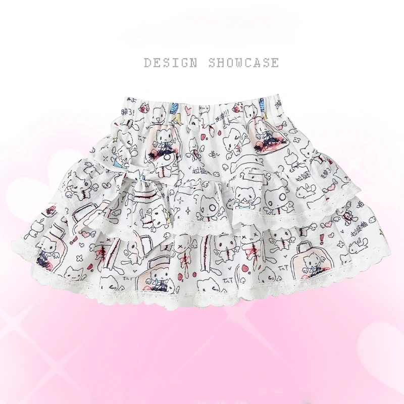 Cartoon Printed Cake Dress Female Summer Bow Lace Patchwork A Line Layered Lace Short Skirt White Women\'s Lolita Japanese Skirts