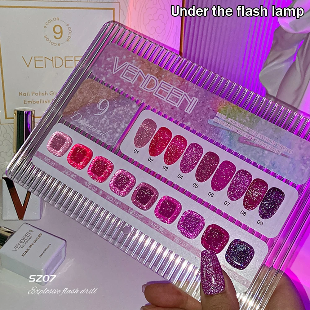 Vendeeni 9 Farben Rosenrot Pink Glitzernder Diamant-Gel-Nagellack UV Soak-Off Gel-Lack Semi-Permanenter Gel-Lack – Detail 6