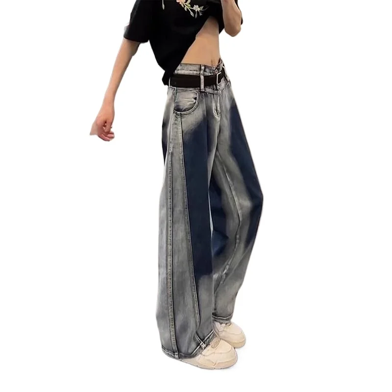 

American High Street Design Pants Show Legs Long Straight Scimitar Pants Blue Tie-dye Gradual Change Wide Leg Jeans His-and-hers