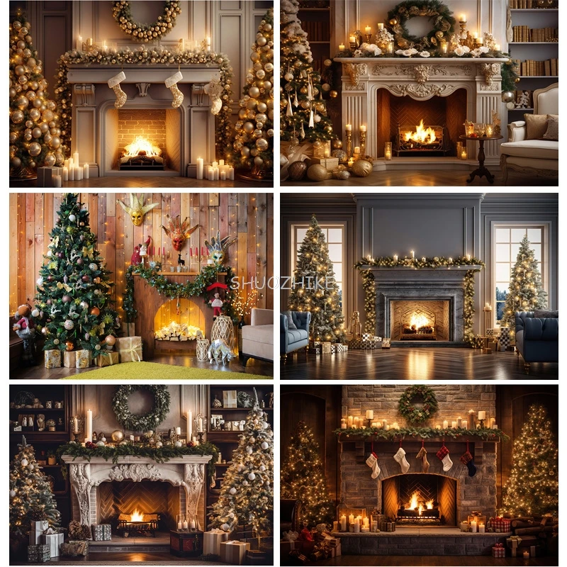 

SHUOZHIKE Christmas Day Fireplace Photography Backdrops Prop Window Living Room Interior Village House Theme Background DR-07