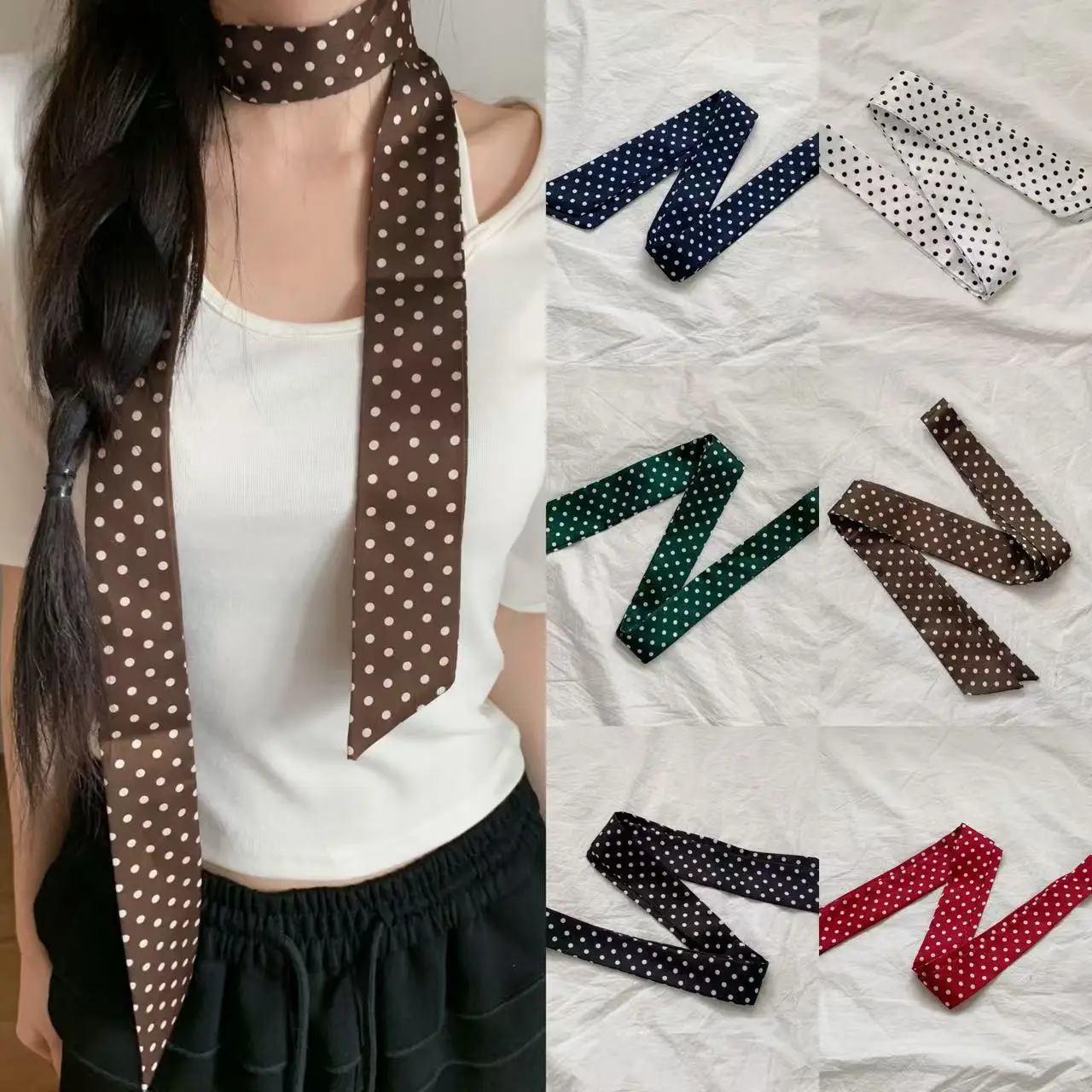 

Vintage Polka Dot Satin Skinny Scarf for Women Long Narrow Hair Band Bag Ribbon Neck Tie Wrist Accessory 6 Colors 2026 Fashion