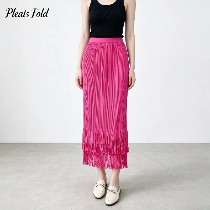 Pleated Tassel Skirt for Women 2026 Autumn Elastic Waist Slimming Mid-Length Elegant Casual Thick Versatile Pleated Skirt Pleat