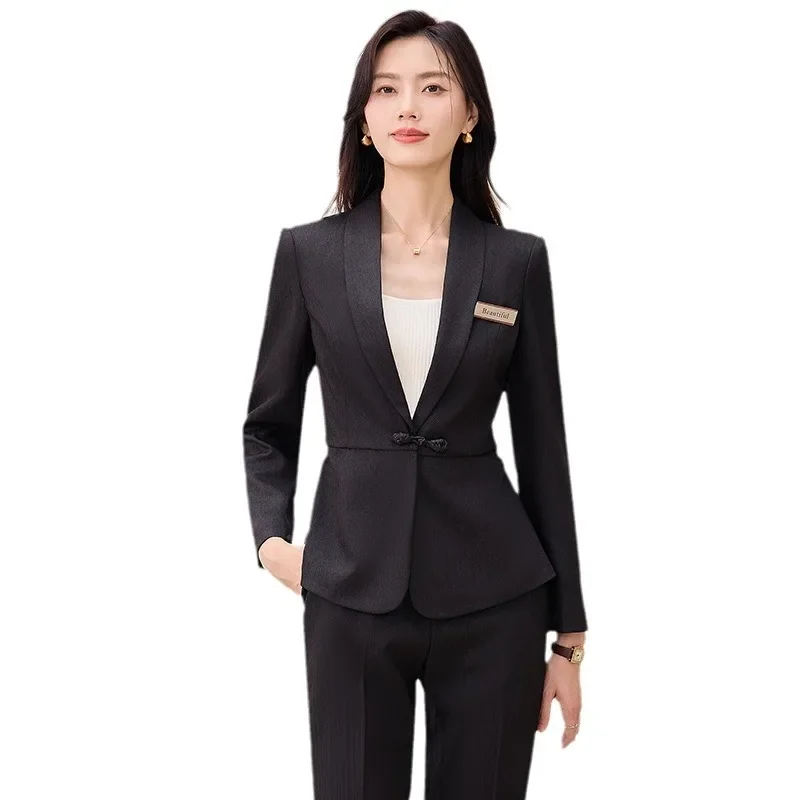 Pop Autumn Winter Temperament Chinese Style Suit 2024 Black Wine Red Long Sleeve Blazer Coat + High Waist Pant Two Piece Set New