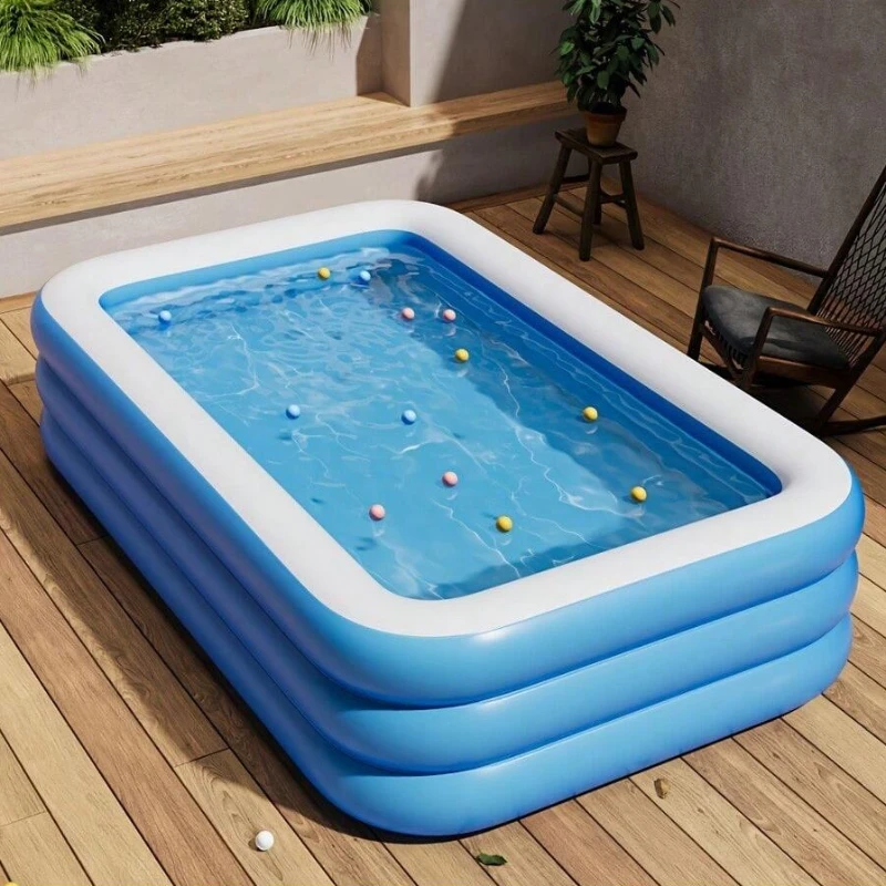 Piscina inflável familiar quadrada de fundo único elevada e espessada com três anéis, azul e branco, grandes piscinas domésticas