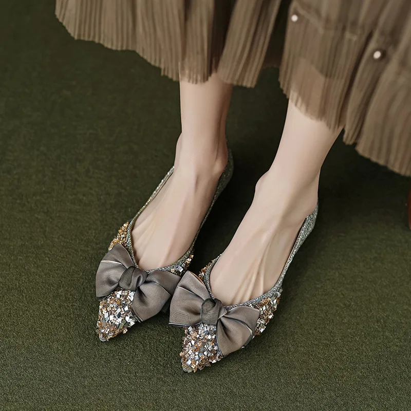

2025 Gorasion New Women's Pointed Toe Flats Shoes Women Butterfly Knot Crystal Shollow Mouth Pumps Ladies Soft Outsole Loafers