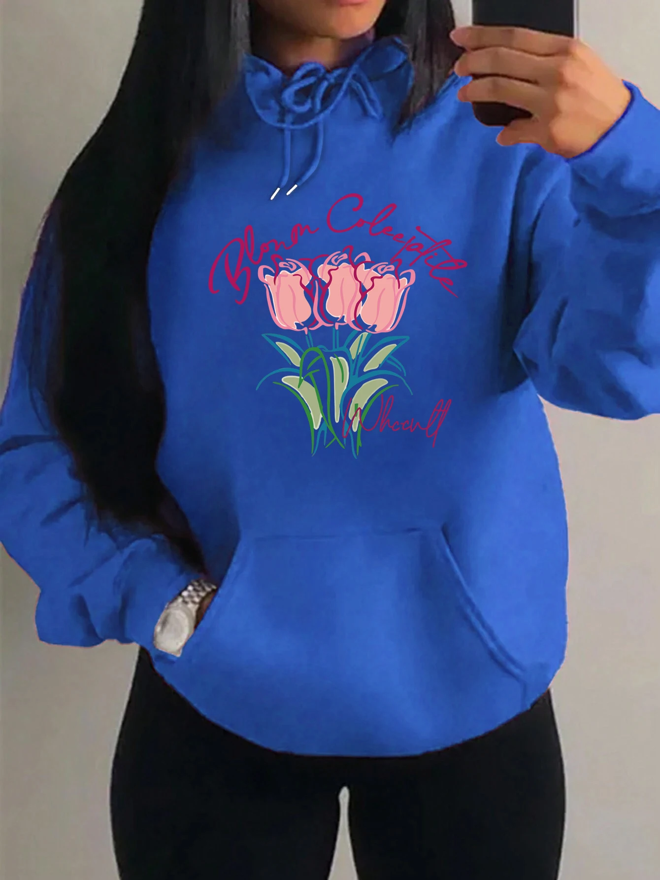 Tulip Art Bouquet Letter Prints Hoodies Women Hip Hop Fleece Clothes Autumn Fashion Pullover Pocket All-Match Unisex Hoodies