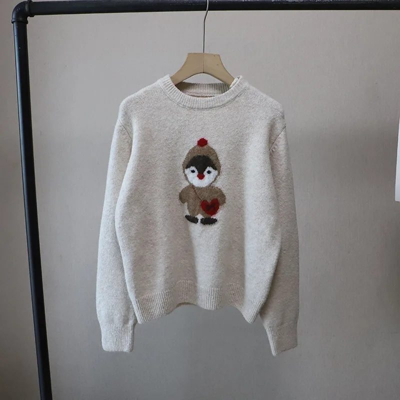 

2025 Fall/Winter New Round Neck Cartoon Jacquard Slimming Versatile Pullover Sweater for Women