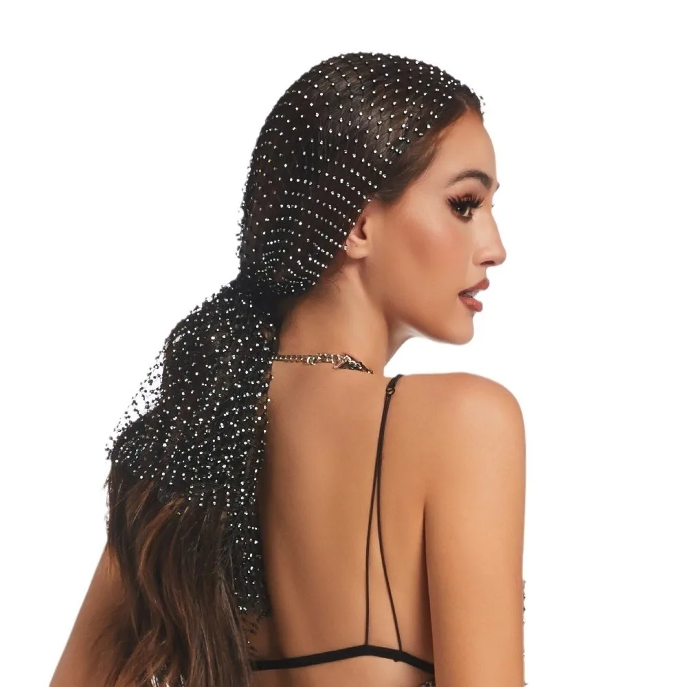 Fashion Elastic Rhinestone Hat Ball Cosplay Mesh Rhinestone Pirate Hat Hollow Out Snood Scarf Cap Women