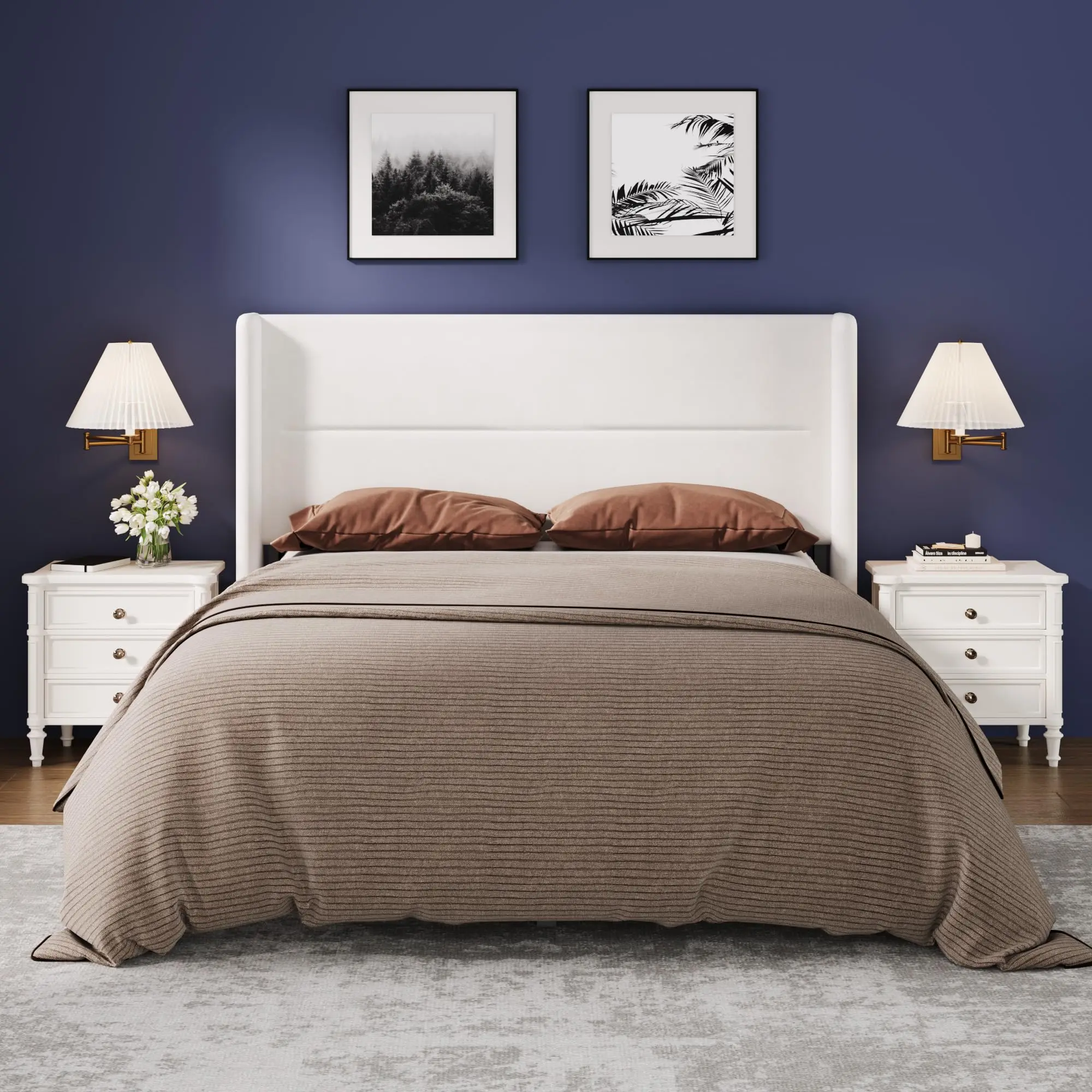 

Upholstered Platform Bed Frame With Wingback Velvet Headboard, Wood Slat Support, Twin Full Queen King, No Box Spring