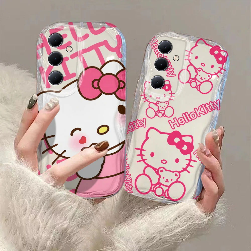 Cute Heartbeat Hello Kitty 3D Wave Phone Case For Samsung Galaxy S24 S23 S21 S20 FE Plus Ultra 4G 5G Soft Silicone Back Cover