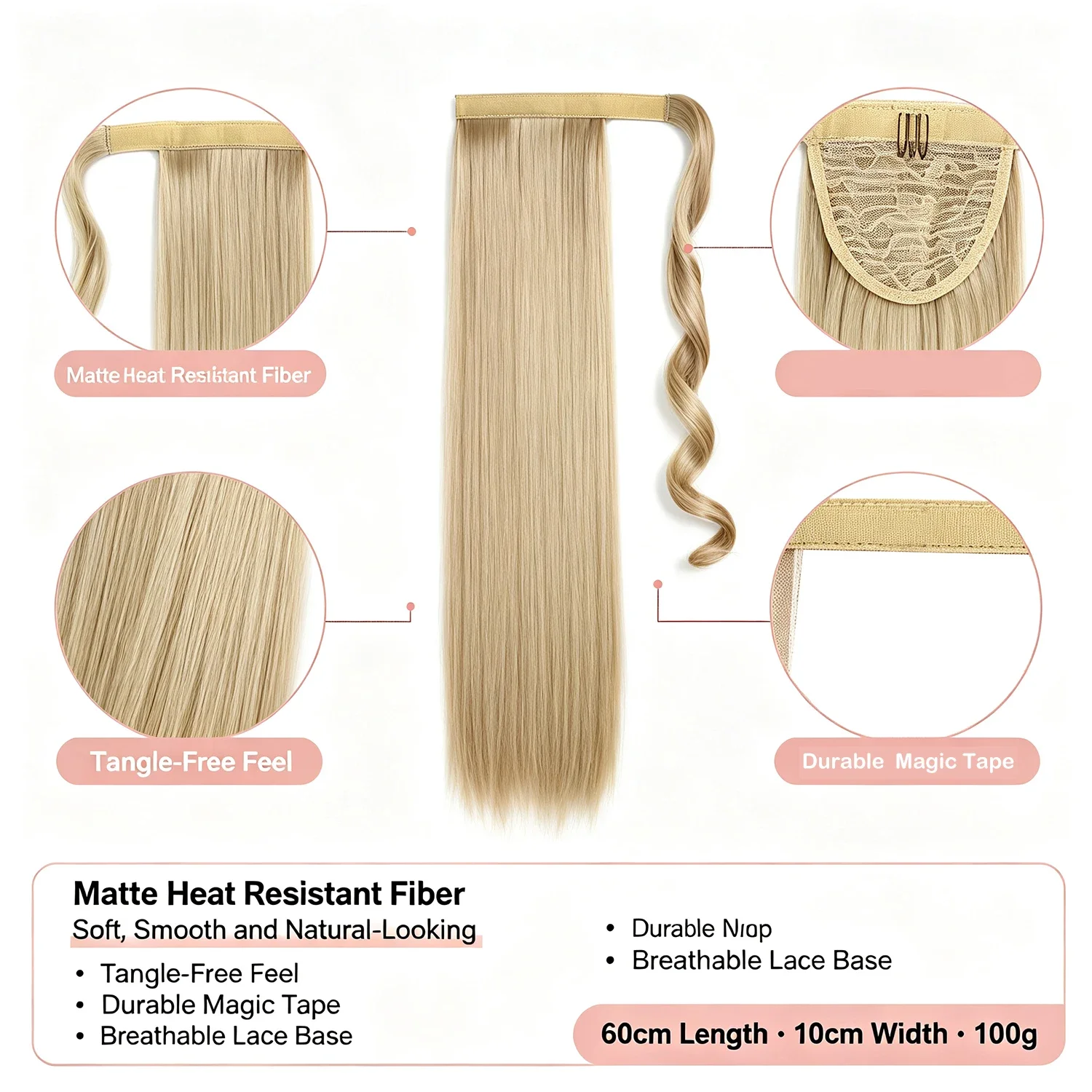 Synthetic Straight Ponytail Hair Extension With Velcro Wrap Design, 60cm Long Sleek Wrap Around Ponytail For Women Girls
