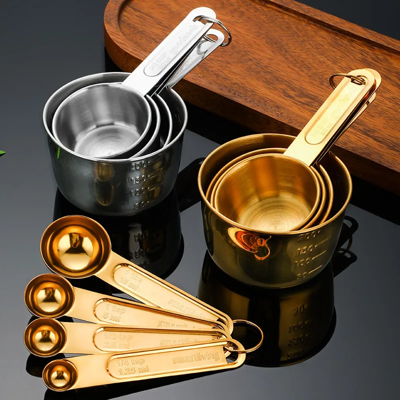 8PCS/set Gold Measuring Cups and Spoons Set Stainless Steel Baking Tools Coffee Measuring Spoon Set Gold Kitchen Accessories
