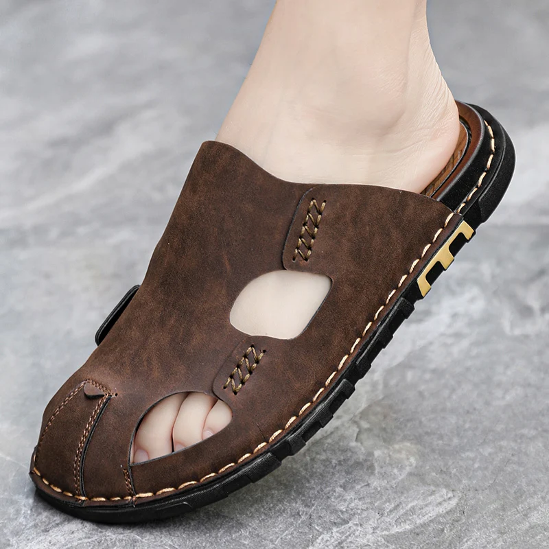 Leather Mens Slippers Shoes Summer Brand 2024 Large Size Male Slipper Men Sandal Fashion Slipper Luxury Leather Flip Flops 38-47