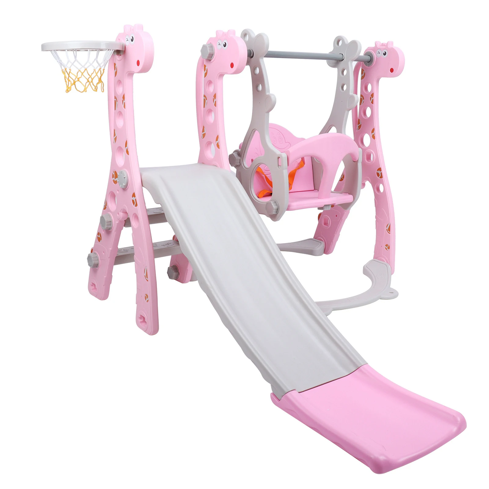 Balanço de escalada infantil com aro de basquete, rosa Play Slide para crianças, interior e exterior