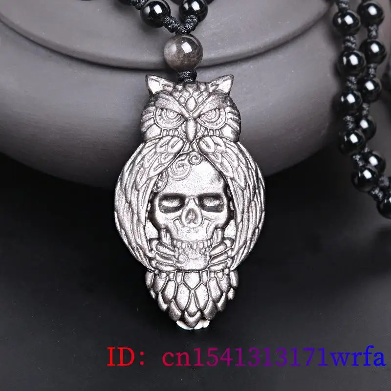 Silver Obsidian Owl Pendant Skull Necklace Talismans Natural Gifts for Women Fashion Real Jewelry Luxury Designer Vintage Stone