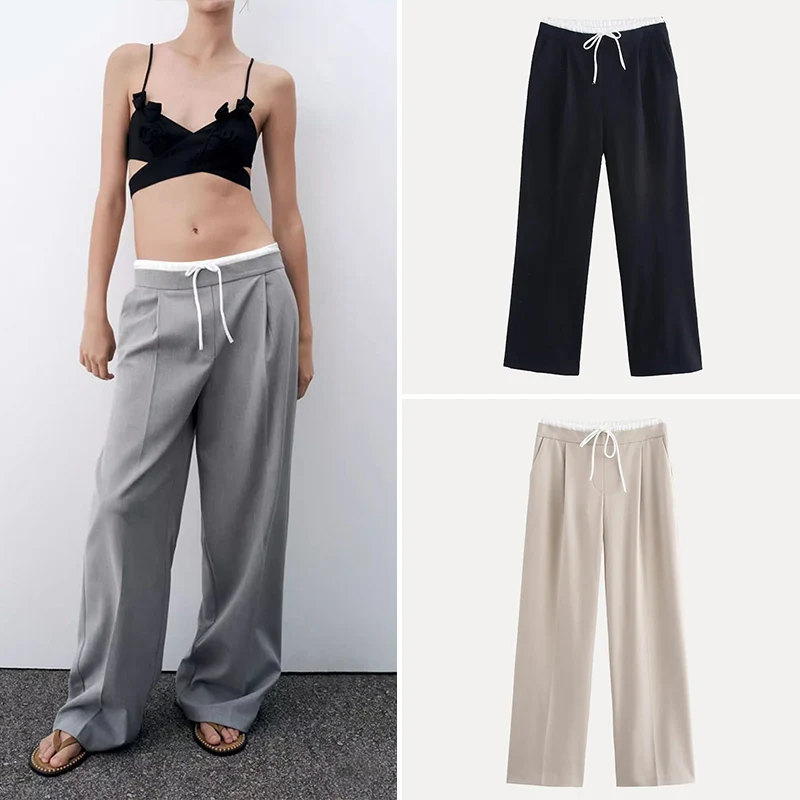 กางเกงลำลองขากว้างใส่สบายสำหรับผู้หญิง แฟชั่นฤดูใบไม้ผลิ กางเกงขากว้างเอวสองชั้น กางเกงขายาวลำลองอเนกประสงค์