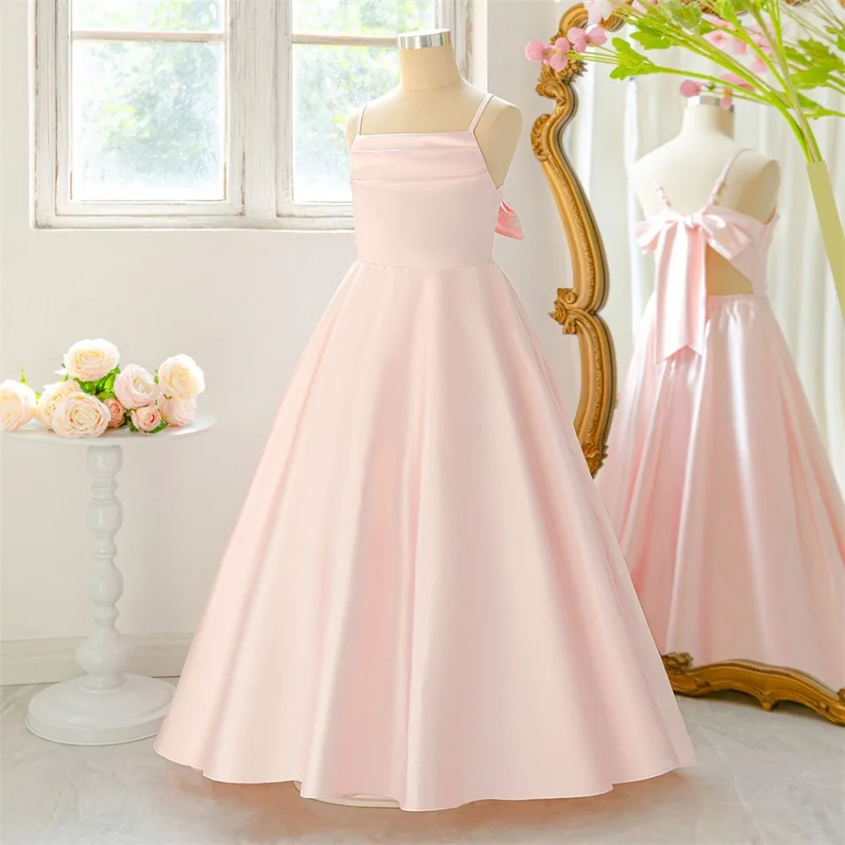 New Girls Pink Sling Dress Princess Party Dress Childrens Suspender Teens Satin Puffy Dress Big Piano Performance Suit ASQ03