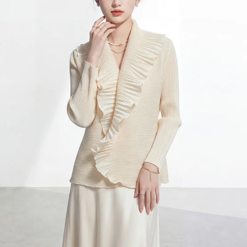 HKSH Women Jacket Ruffled Pleated Turn-down Collar Single Button Solid Color Elegant High-end Casual Coats Spring Autumn HK21949