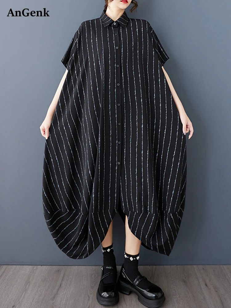 Abiti camicia oversize vintage a righe irregolari per le donne Estate nuova manica corta allentata abito lungo casual abbigliamento elegante 2025