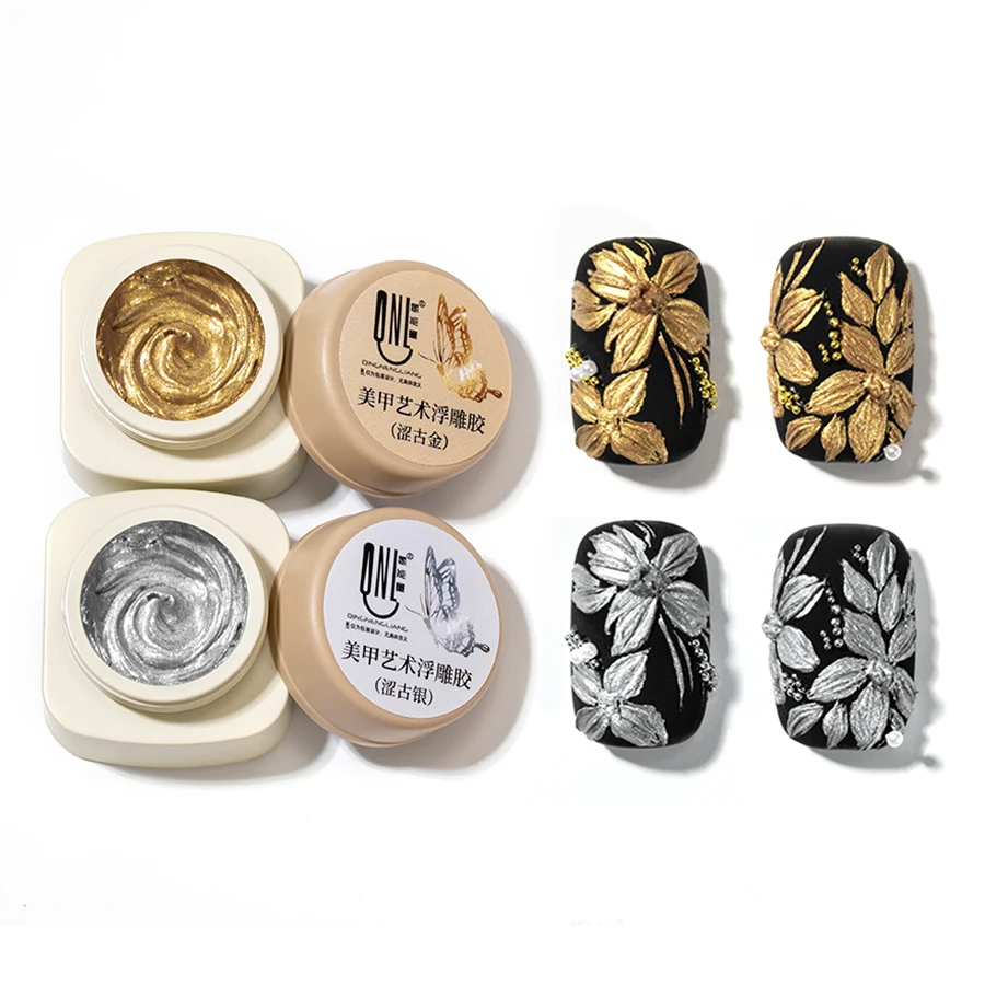 QNL 5g No Wipe Metal Embossed Gel Nail Polish 3D Sculpting Painting Gel Gold Silver Texture Gel for DIY Nail Art Manicure Salon