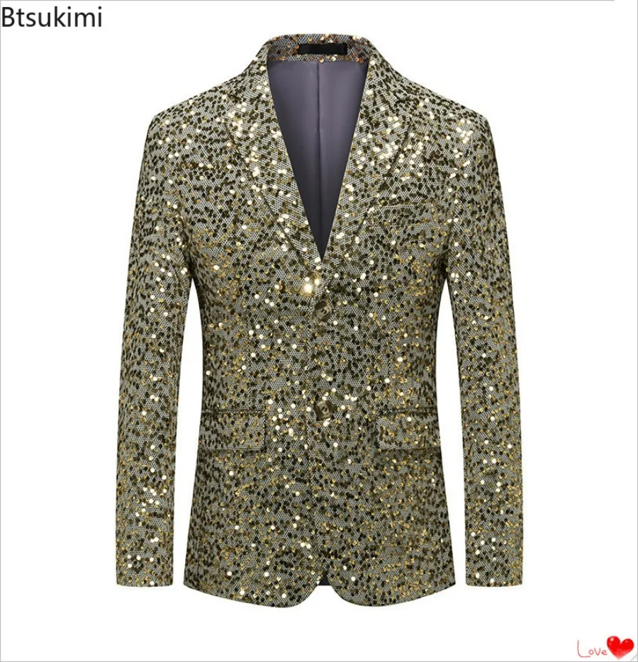 

Men's Shiny Gold Sequin Glitter Embellished Blazers Jacket Nightclub Prom Suits Jacket Banquet Wedding Host Stage Costume Men