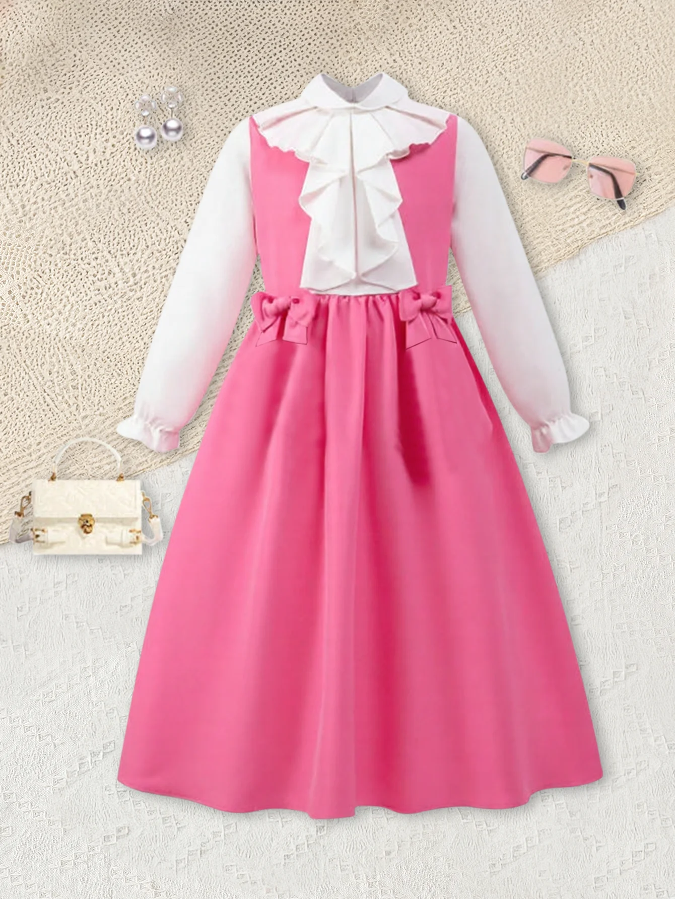 Conjunto de 1 pieza de vestidos finos de primavera y otoño para niñas, vestido cómodo y sencillo de manga larga de color liso con decoración de lazo 3D, cuello Peter Pan, ropa infantil con efecto de dos piezas, vestido lindo de princesa con corte en A para niñas, estilo académico versátil y elegante, adecuado para reuniones informales al aire libre, fiestas, días festivos, regalos para niñas de 4-5-6-7-8 años
