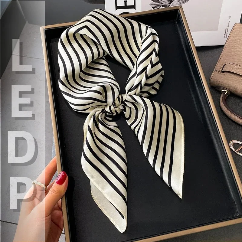 IMU Women's Fashion Geometric Stripes Silk Square Scarf Simple Neckerchief Gifts High Grade Satin Headband Shawl Neck Scarves
