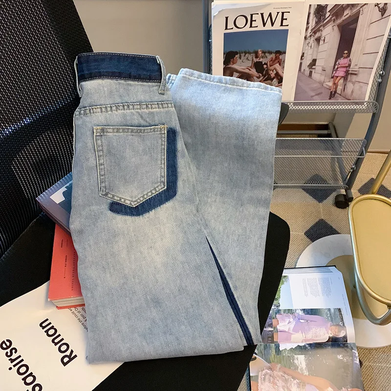 Contrast Wijde Pijpen Jeans Licht Gestreepte Vrouwen Lente/Zomer Kleine Man Gewassen Oude Hoge Taille Wijde Pijpen Broek vrouwen Dragen