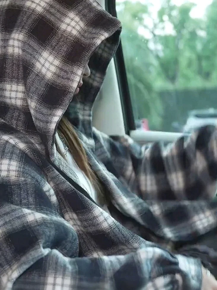 

Men's Plaid Woolen Hoodie Cardigan American College Sle Casual Workwear Patterned id Hooded irt Loose Fit Long Sve