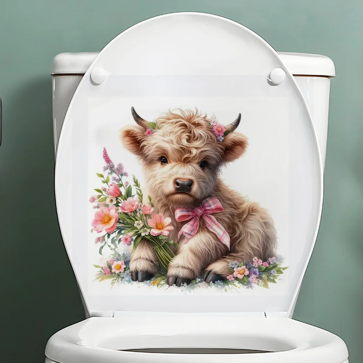 

Adorable Highland Cow with Flower Stickers, Art Wall for Home, Cabinet, Refrigerator, Door, Toilet,Decoration, Vinyl Car Decals