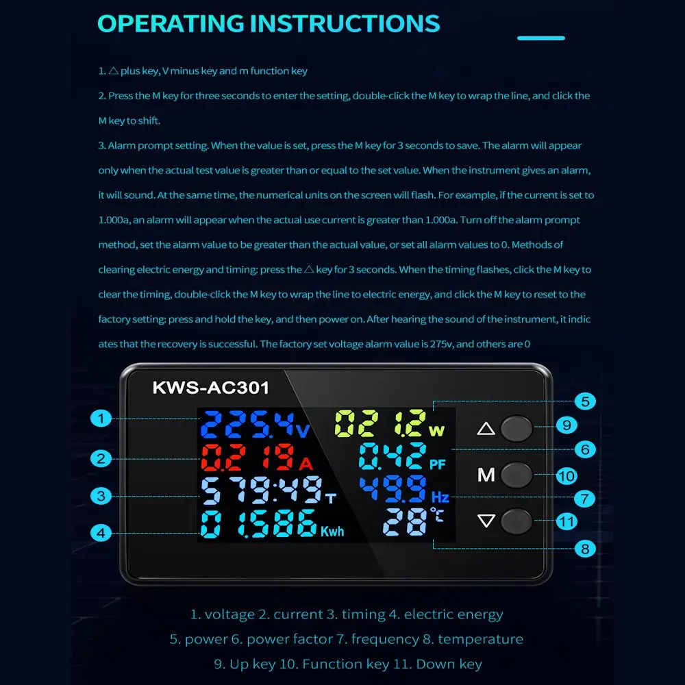 KWS-AC301 Dedicated Chip Power Detector 0-100A Digital Voltmeter Ammeter 8 in 1 Power Energy Meter AC Wattmeter