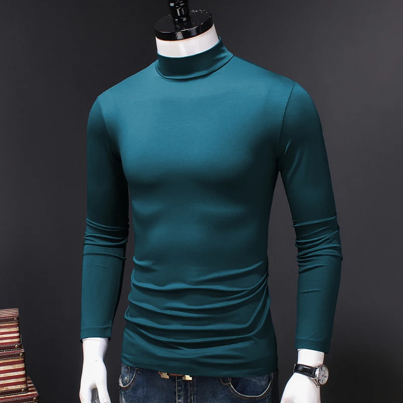 Men's Half High Collar Long Sleeve Black T Shirt Autumn Male Clothes Cotton Modal T-Shirts Man Winter Fleece Warm Tshirt