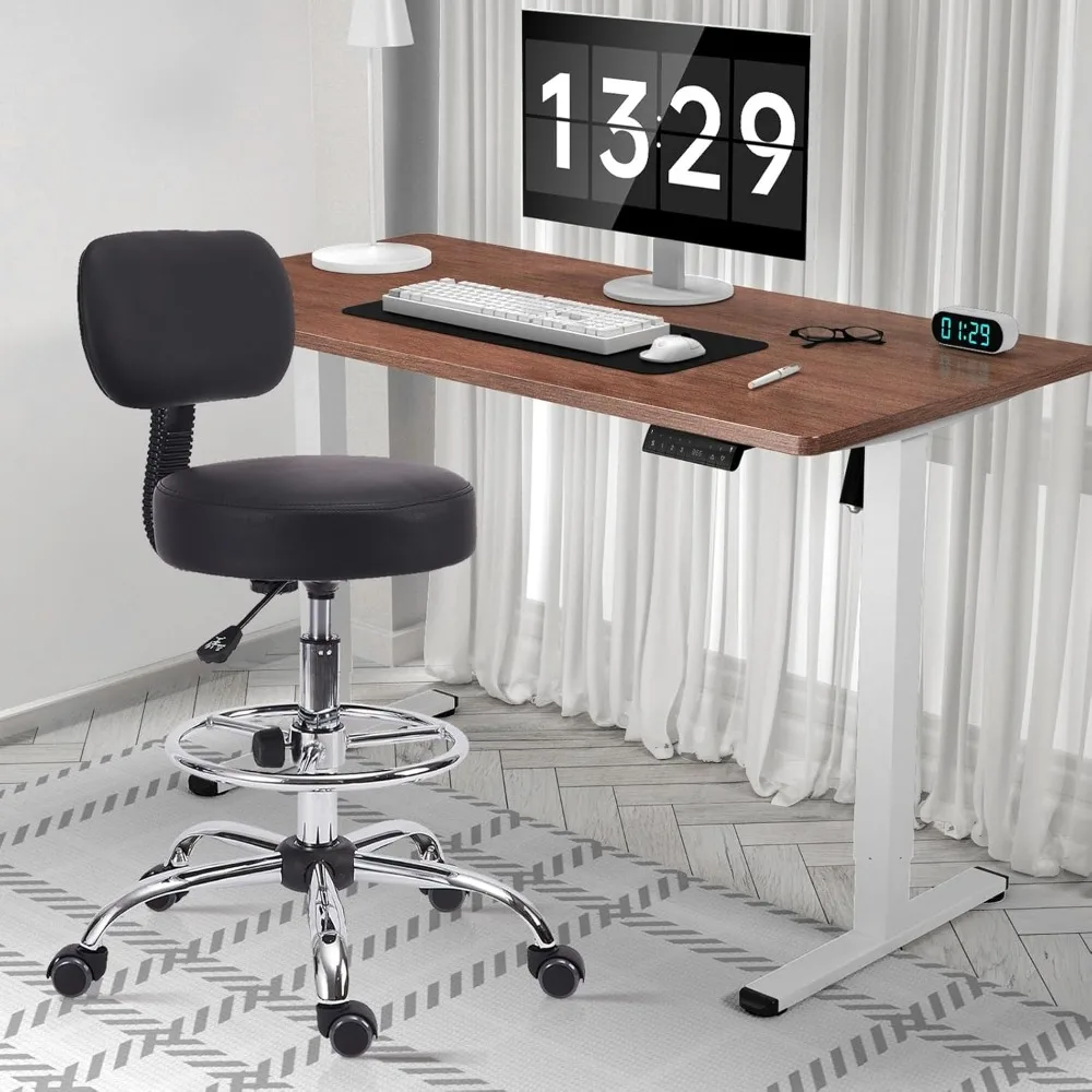 Drafting Chair with Backrest, Adjustable Foot Rest Height Rolling Stool with Wheels, Leather Swivel Work Shop Office Stools Chai