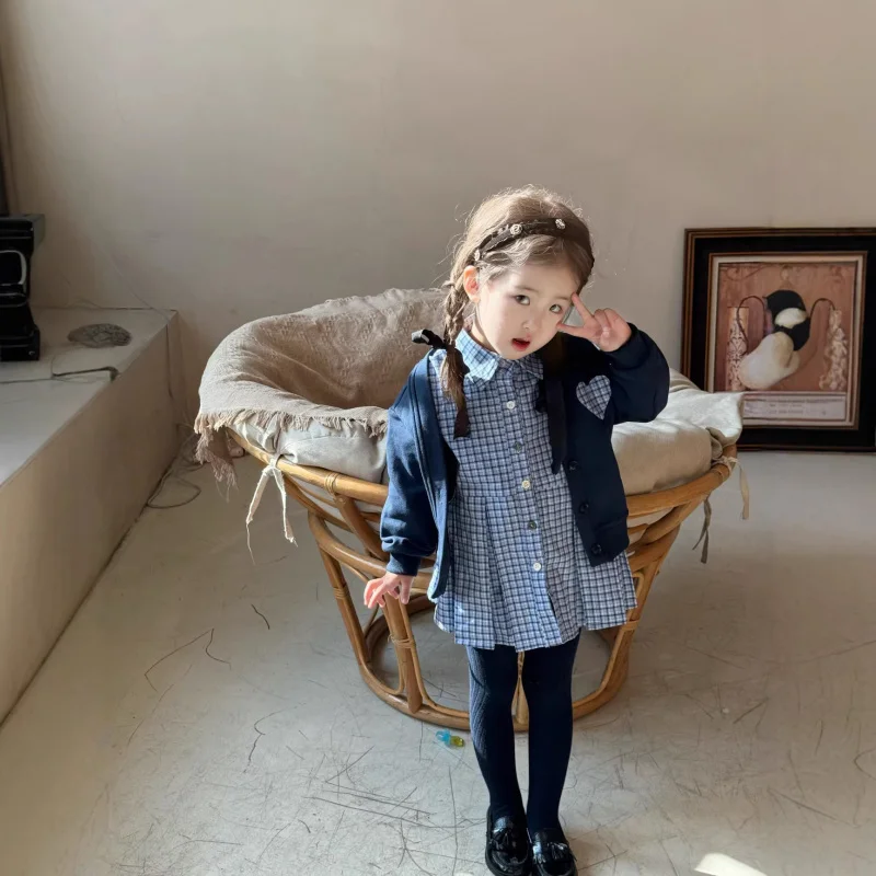 

Girls' spring coat2026Baby's Sweet Heart Cardigan Children's Dress Fashionable Plaid Collared Shirt Dress