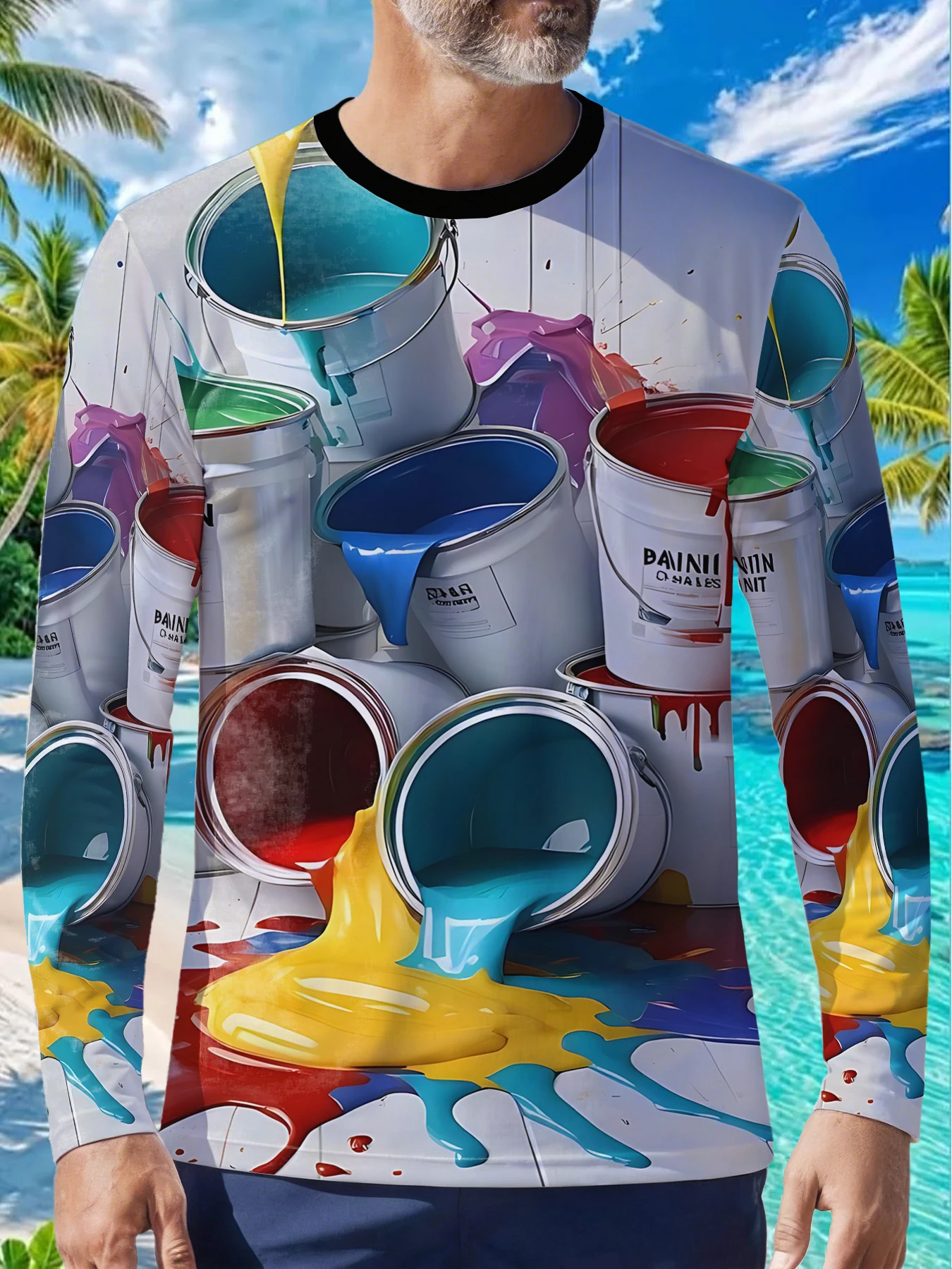 Vibrant Paint Bucket Splatter Colorful Art Mens Polyester Long Sleeve T Shirt Flowing Paint Mixing Print Graphic Tee Casual Stre