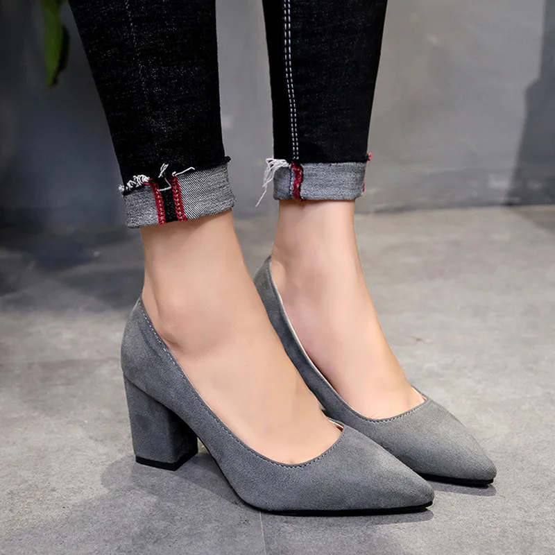 Autumn Shoes Woman Pumps Low Thick Heels Comfortable Women Work Shoes Flock Round Toe Casual Ladies Shoe sapato feminino WSH3183