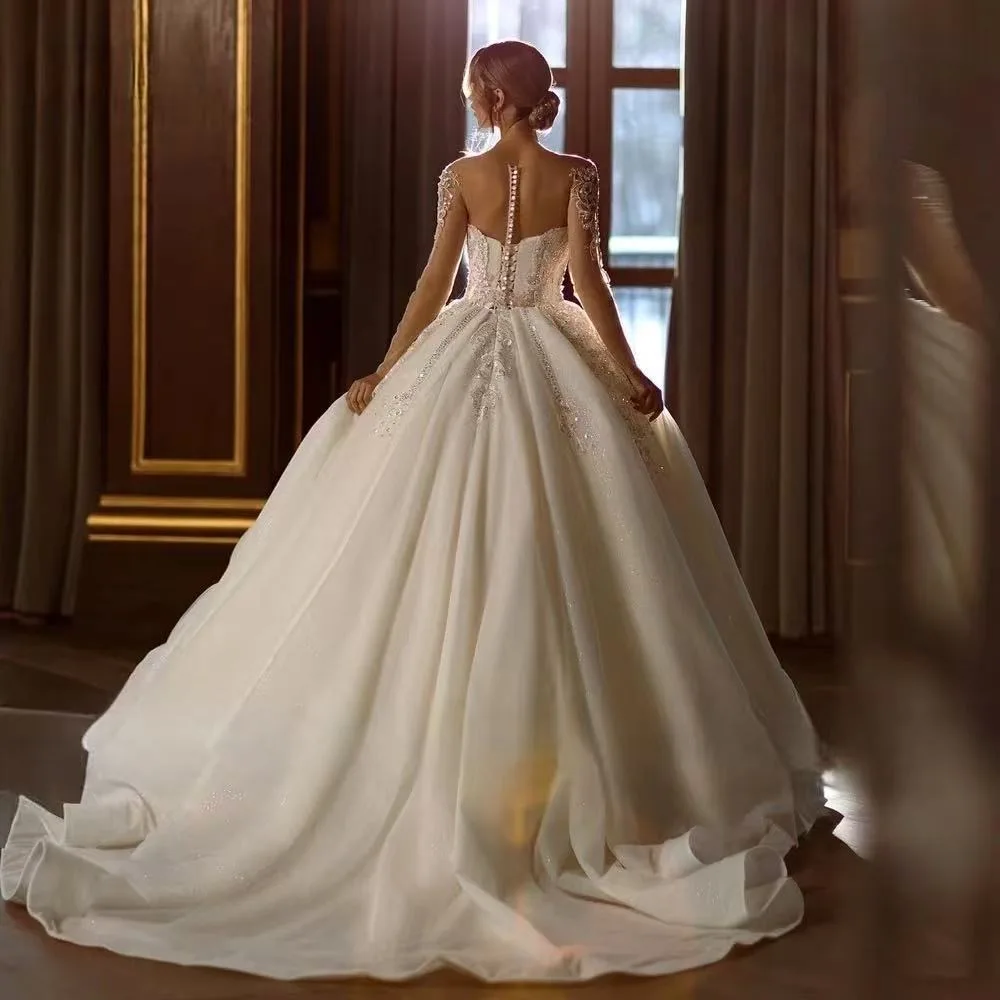 Luxury Princess Ballgown Bridal Gown Sweetheart Neck Long Sleeve Wedding Dress Beaded Sparkle Custom Made Vestido De Novia