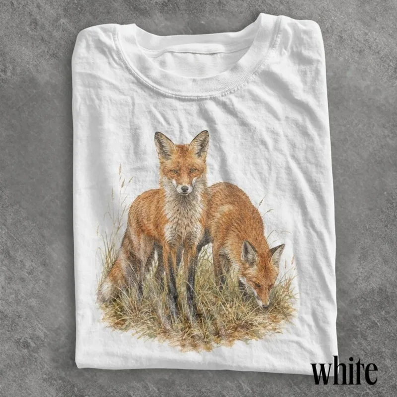 Retro Red Fox Pattern T-shirt, Forest Wildlife Shirt, Rural Forest Natural Style Top, Fox Enthusiast Gift