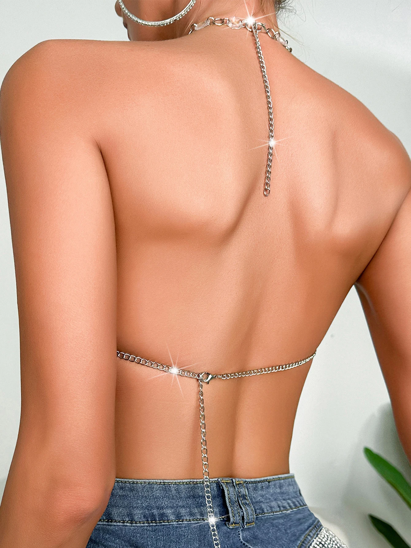 Sexy metal rhinestone corset crop top women clothing summer see through body cropped womens tops nightclub party halter tank top