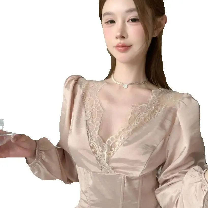 Women Shirts Elegant Lace Edges Sexy Slim Fit Chic Versatile Autumn Lace Edge Slim Fit Tops