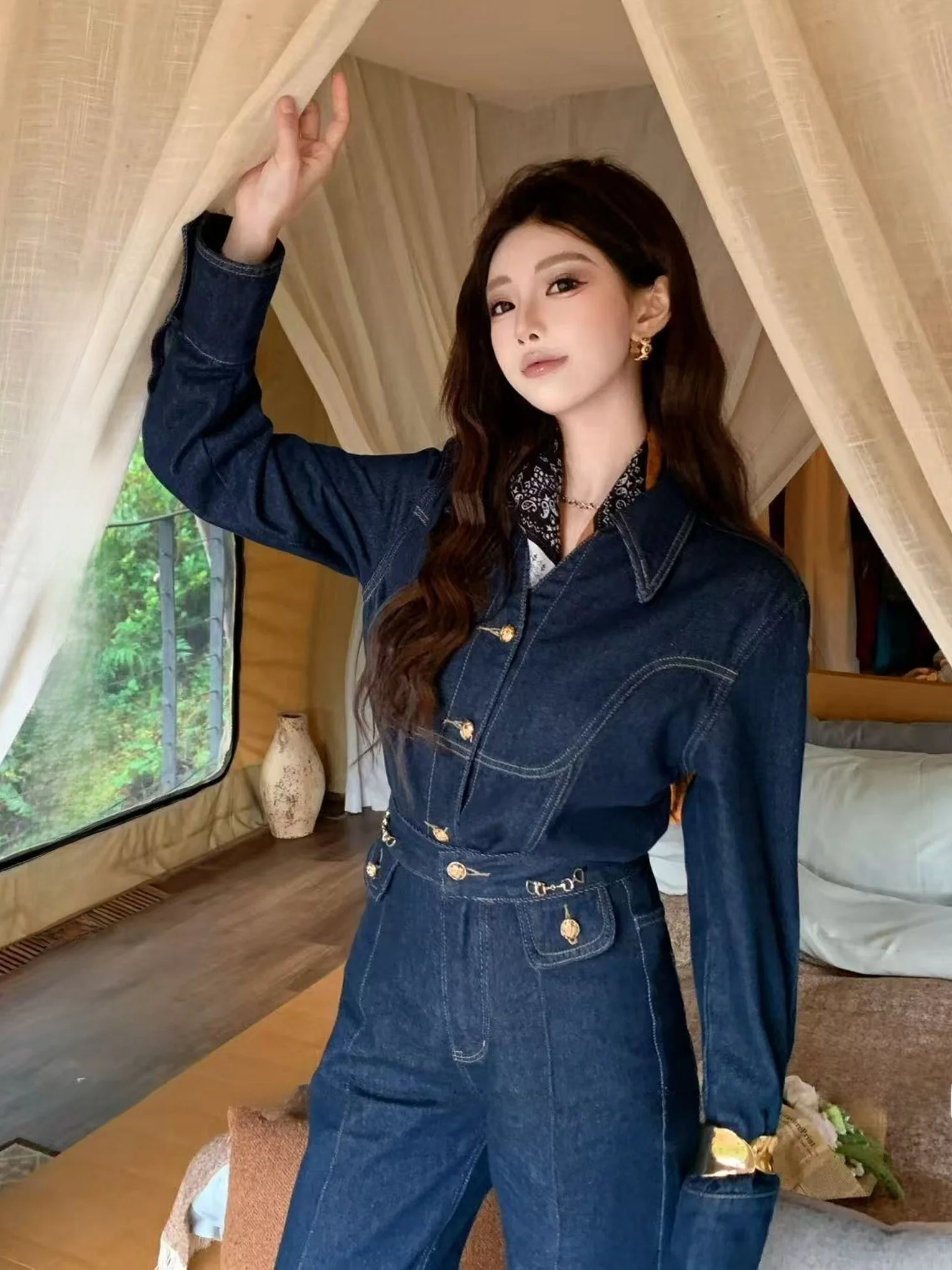 

New Dadada Retro Gold Bule Denim irt Women's High-End Lightweight Luxury Faionable Cotton Polyester Blend Long Sve S...