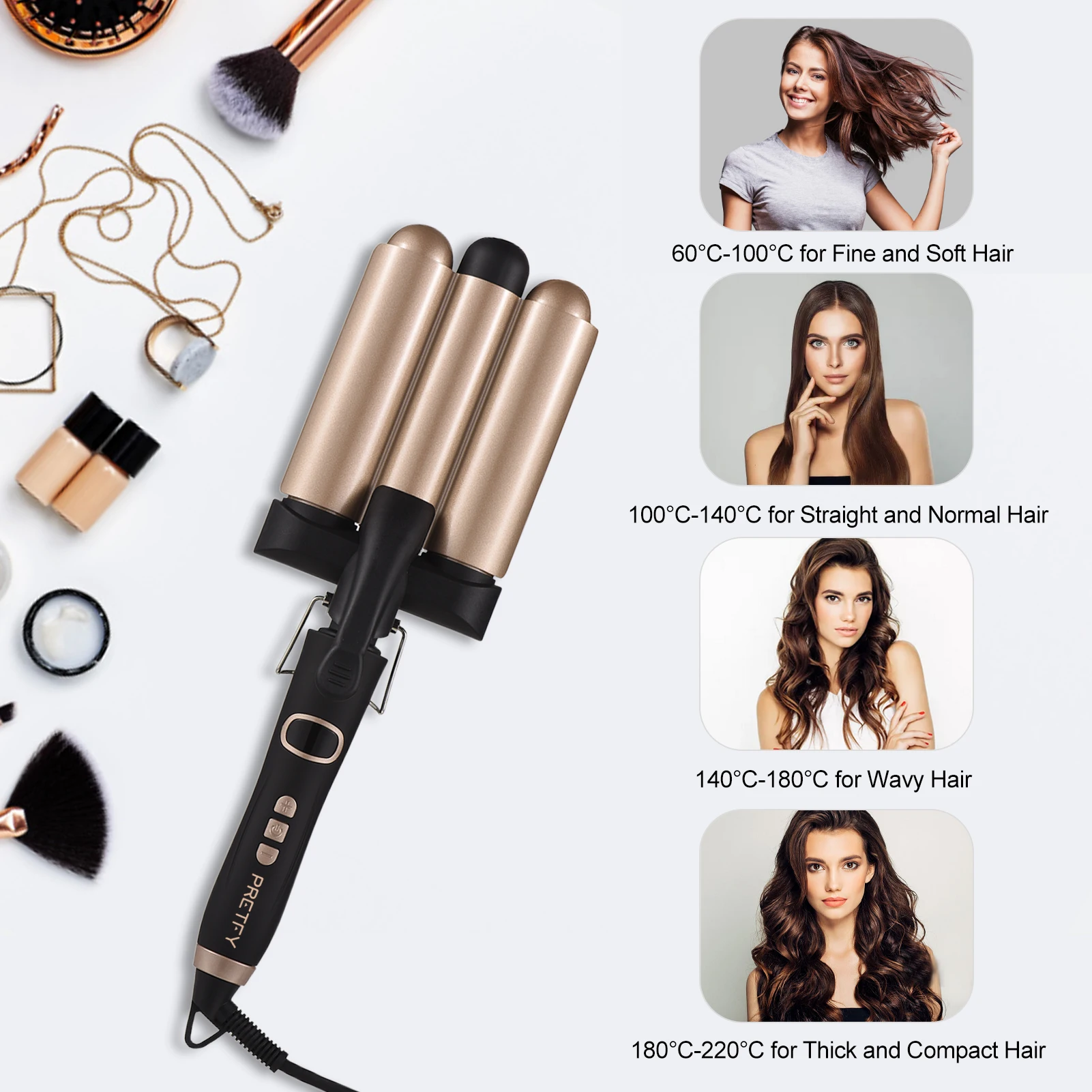 Hair Curling Iron 3-Barrel 32mm Hair Waver Hair Curler Temperature Adjustable LCD Temp Display Hair Styling Tool