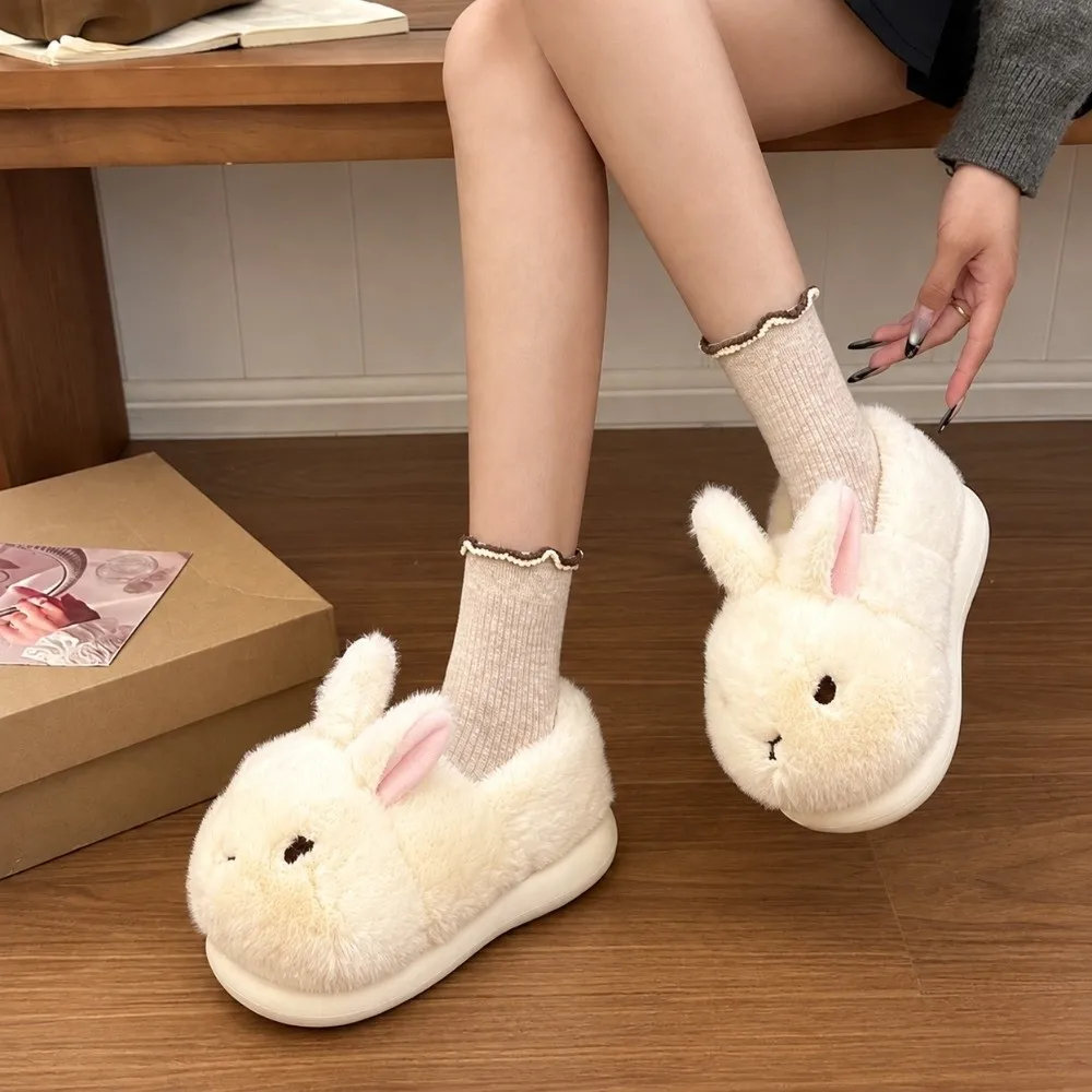 Non Slip Sole Rabbit Shape Cotton Slippers Thickened Full Back Design Fuzzy Bunny Slippers Comfortable Warm Home Slippers