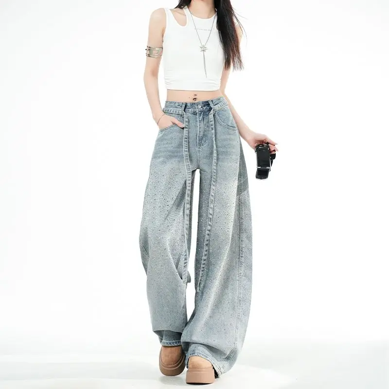 

Women's Spring and Autumn Starry Hot Diamond Sweet Cool Spicy Girl Sparkles with Thin Belt Design Wide Leg Jeans