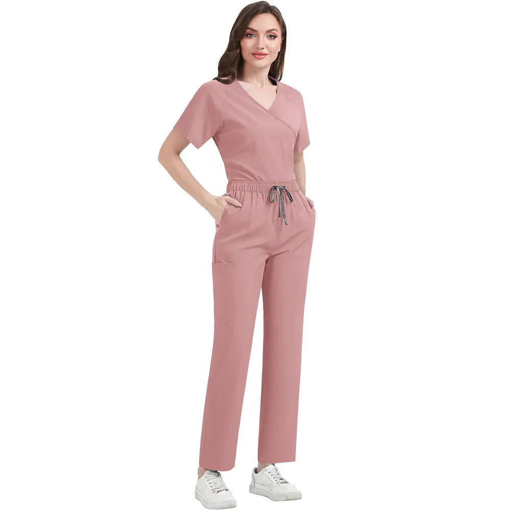 Fashion Women Wrap V Neck Medical Scrub Uniform 2Pcs Elastic Drawstring Multi Pocket Straight Pants Nurse Surgical Work Outfit