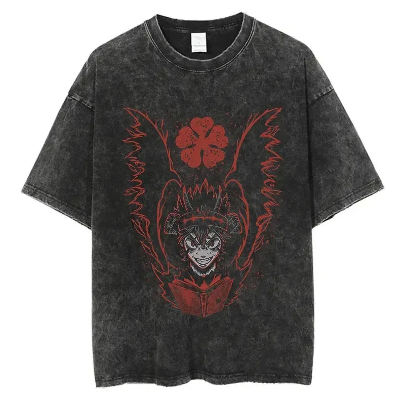 Anime Black Clover Washed T-Shirt Harajuku Streetwear Graphic Retro T-Shirt Summer 100% Cotton Hip Hop Short Sleeve Top T-Shirt