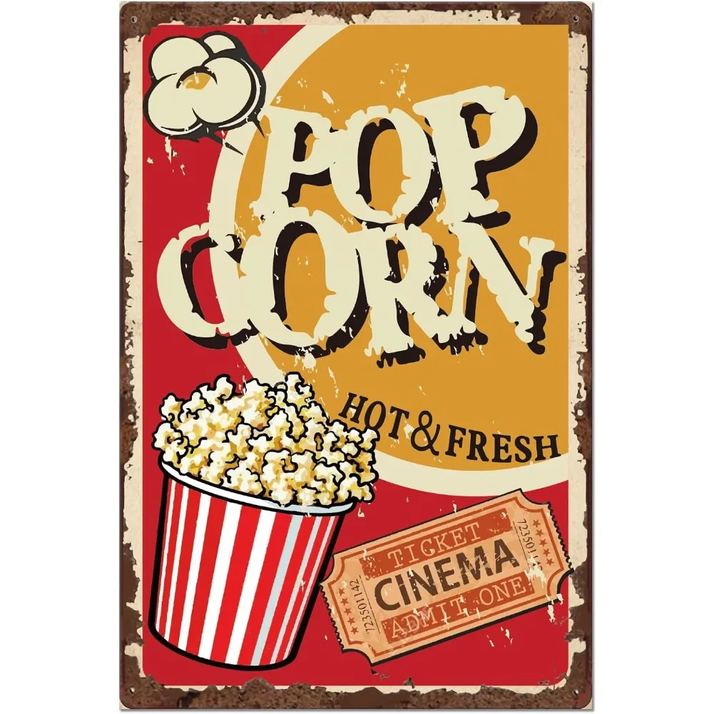 Popcorn Hot & Fresh Vintage Metal Tin Sign Retro Cinema Movie Wall Art Decor for Home Theater Bar Kitchen