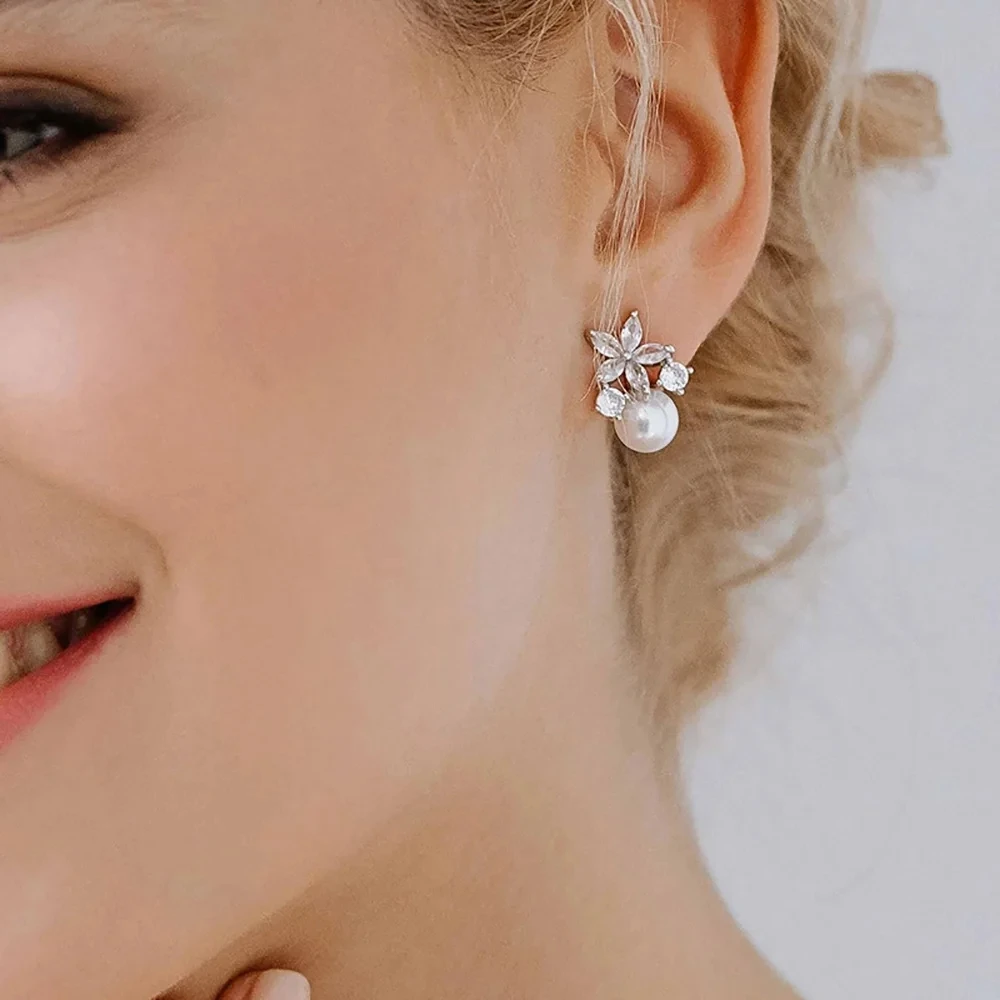 Stonefans Fashion Women Elegant Imitation Pearl Necklace Earrings Zircon Geometry Necklaces Bride Wedding Party Jewelry Set Gift