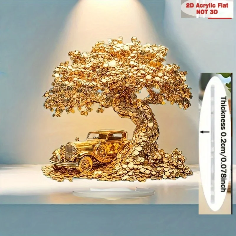 Elegant 2D Money Tree Sculpture Paired with a Vintage Car Base, Golden Acrylic Desktop Art for Home And Office Decoration, Luxur