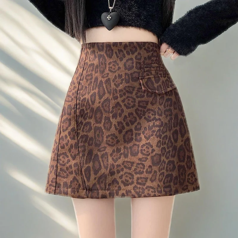 

High Waist Leopard Printing Suede Skirts Women Sexy A-Line Bodycon Wrap Hip Mini Skirt Ladies And Girls Casual Streetwear